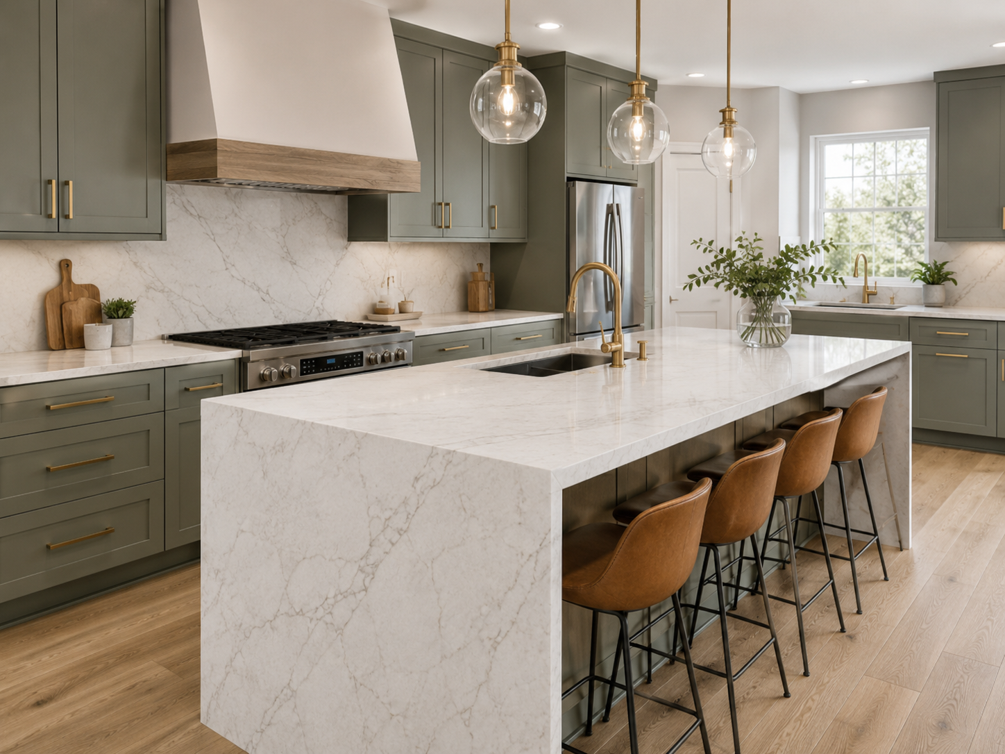 Kitchen with deep green cabinetry and white quartz island