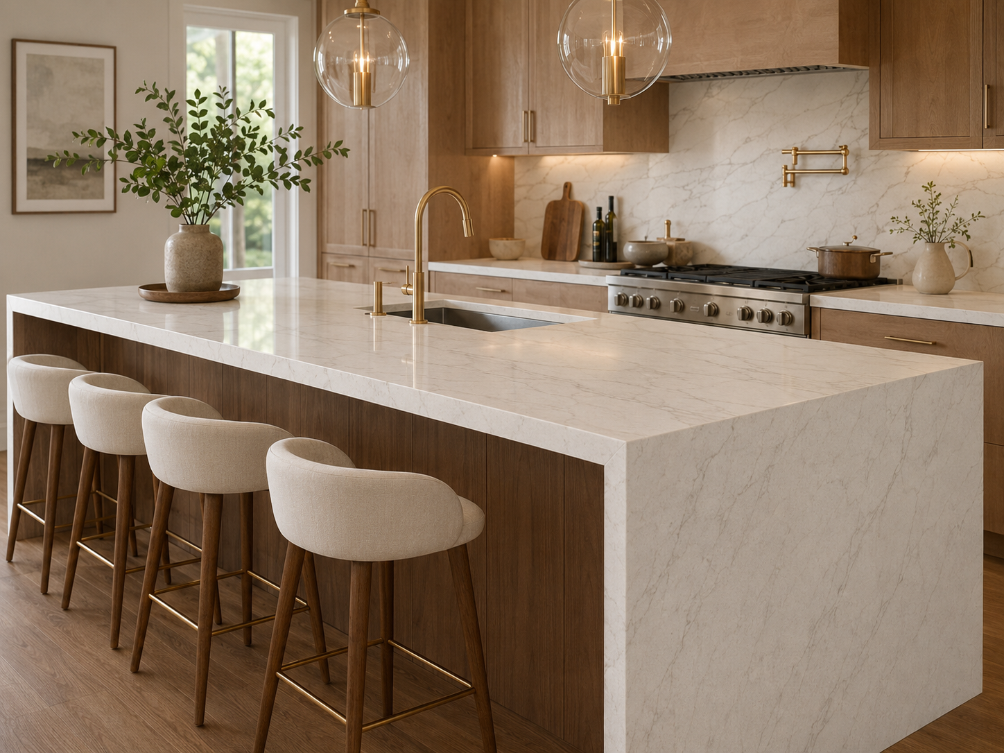 Warm modern kitchen with wood accents and quartz countertops