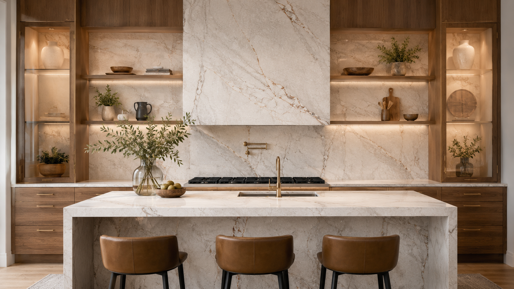 Warm wood kitchen with a quartz waterfall island by Capital Granite