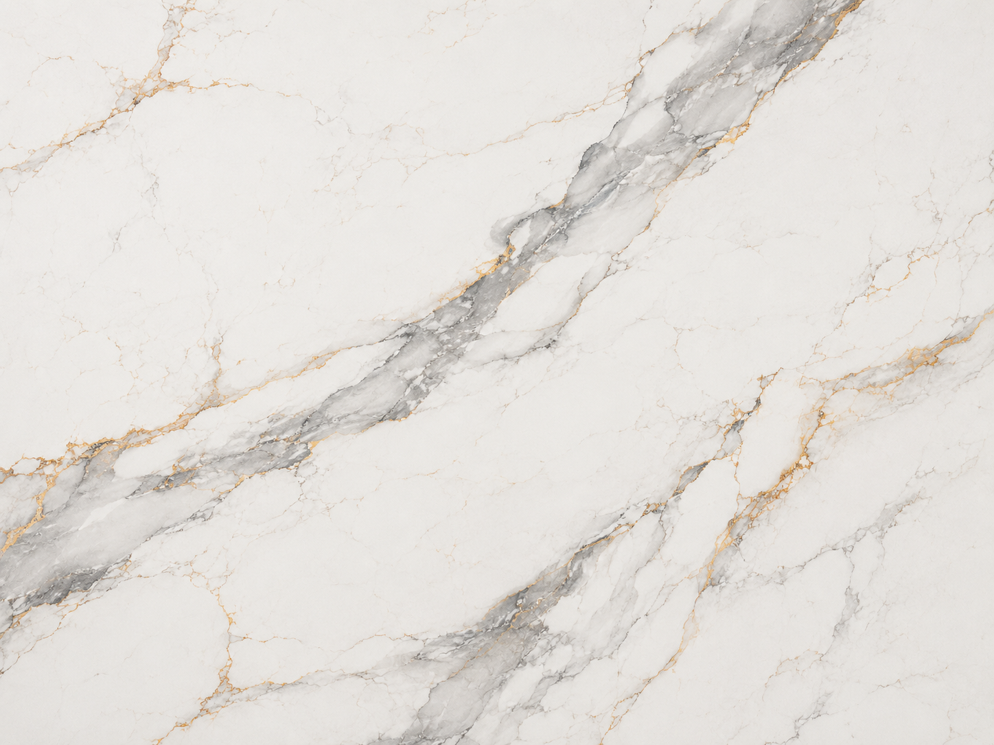 Calacatta quartz slab with bold grey and gold veining