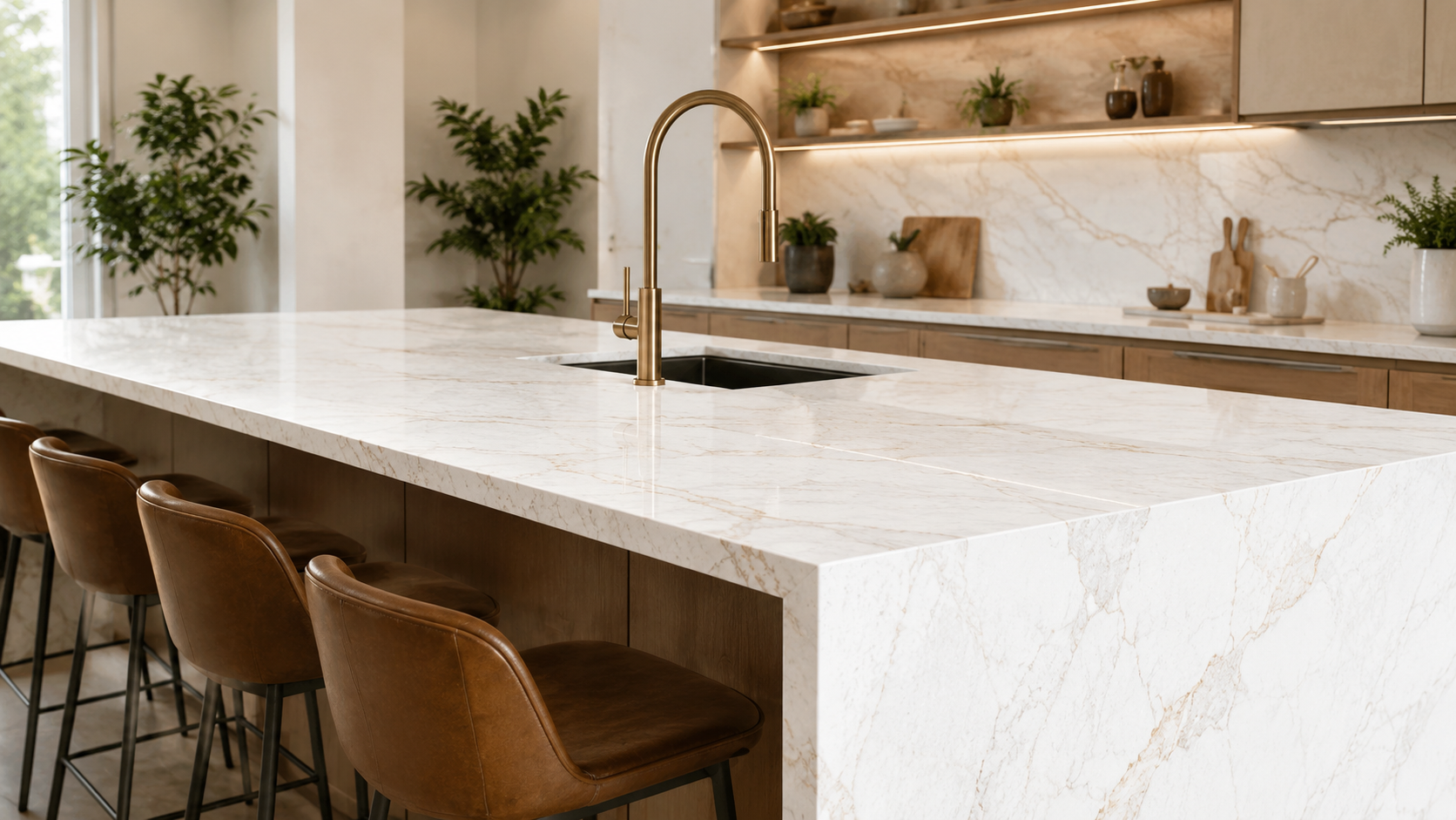 Luxury kitchen with a marble-look quartz island and brass faucet