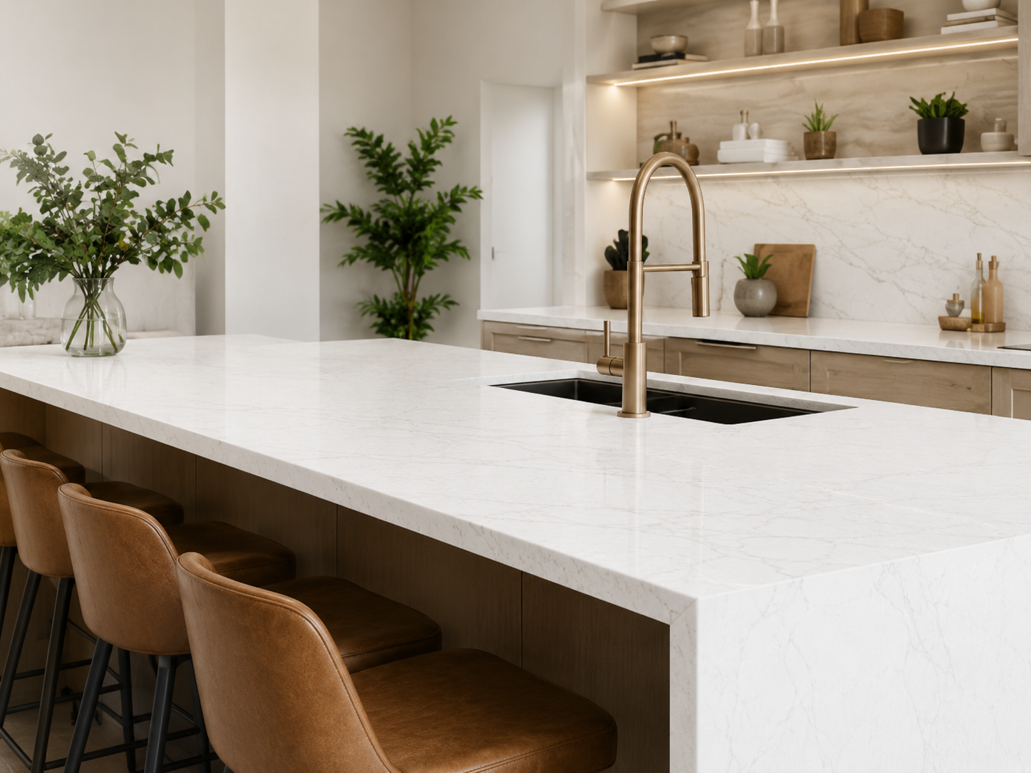 Modern white quartz kitchen island and countertops